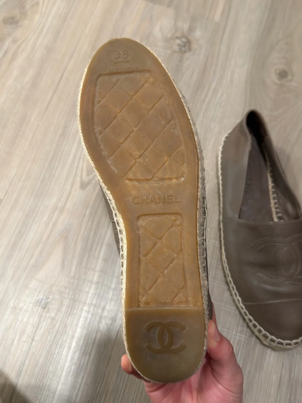 CHANEL Taupe Brown Leather Espadrilles with CC Logo